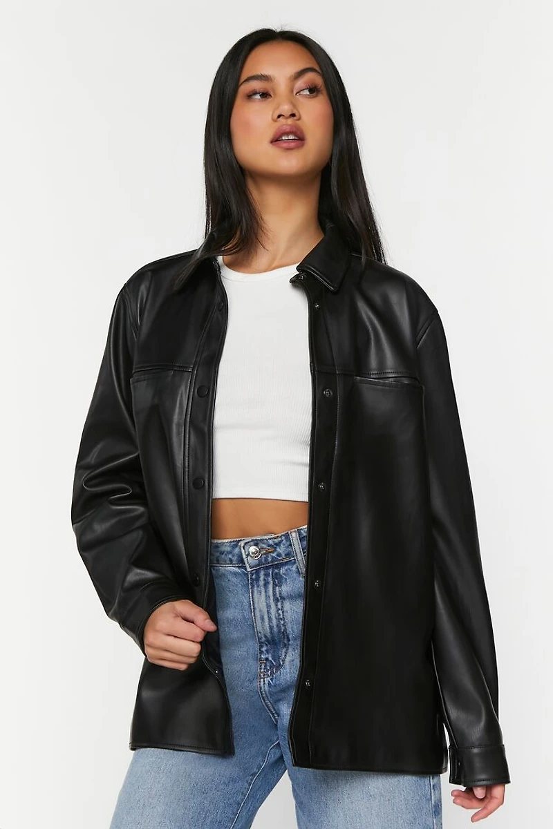 Faux Leather Snap-Button Shacket
