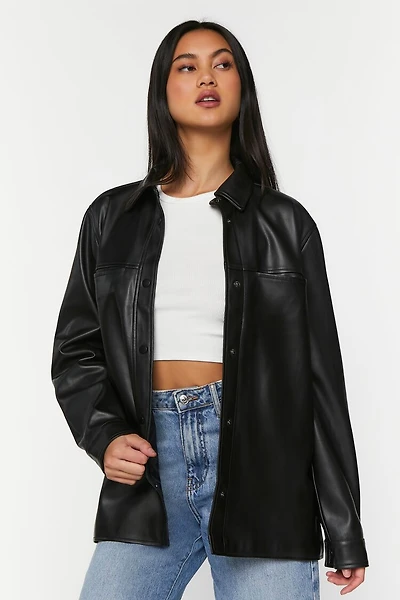 Faux Leather Snap-Button Shacket