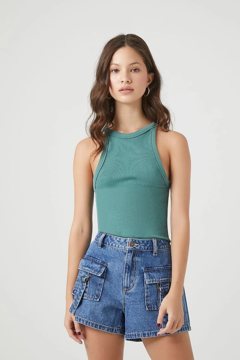 High-Rise Cargo Denim Shorts