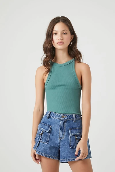 High-Rise Cargo Denim Shorts