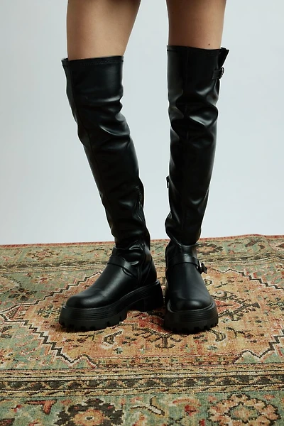 Buckled Faux Leather Knee-High Boots