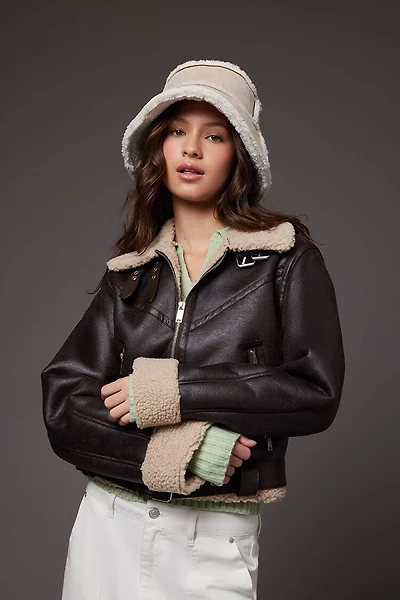 Faux Shearling-Trim Moto Jacket