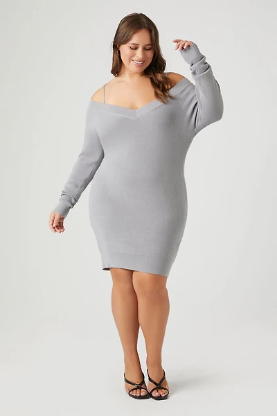 Plus Size Open-Shoulder Mini Sweater Dress