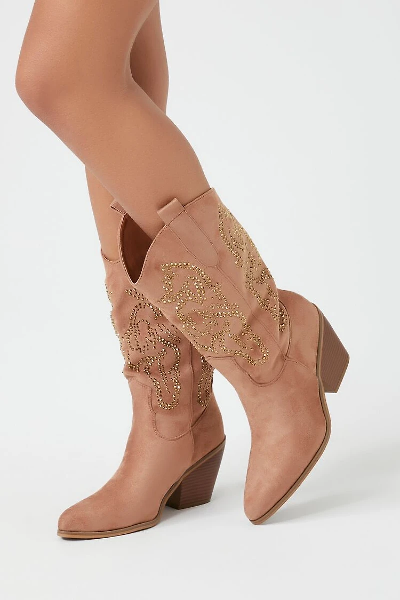 Faux Suede Rhinestone Cowboy Boots