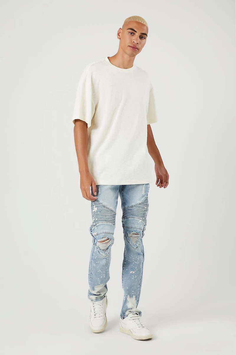 Distressed Bleach-Dye Moto Jeans