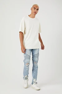 Distressed Bleach-Dye Moto Jeans