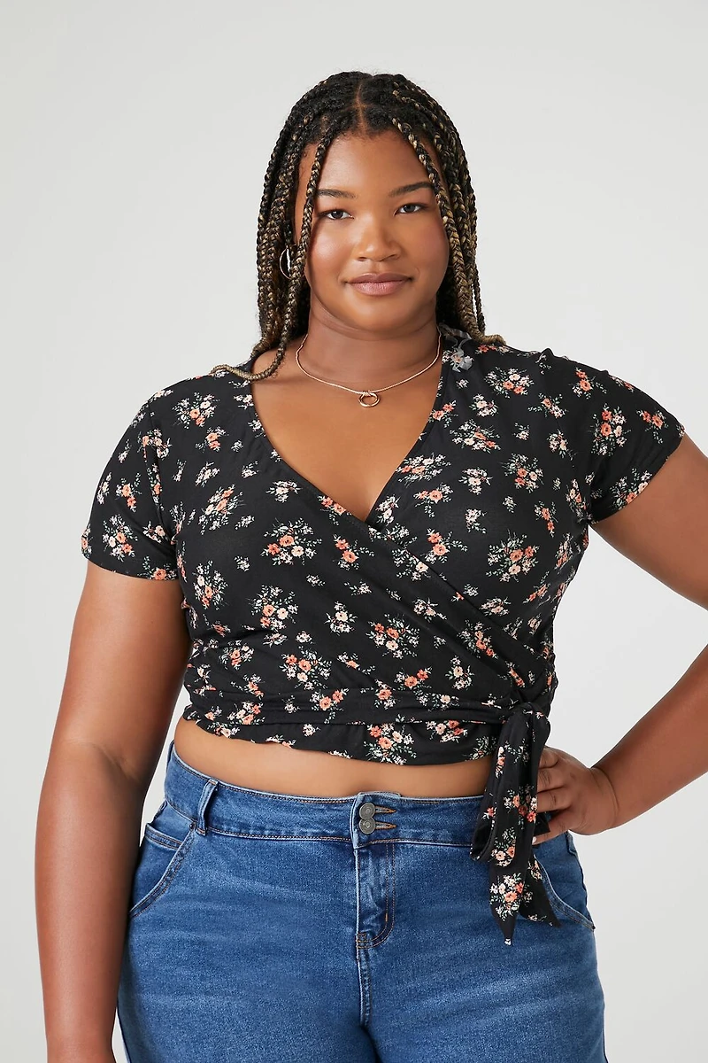 Plus Size Floral Wrap Crop Top
