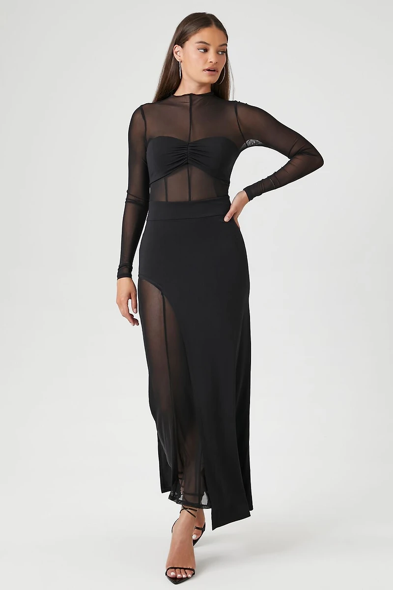 Sheer Mesh Asymmetrical Maxi Dress