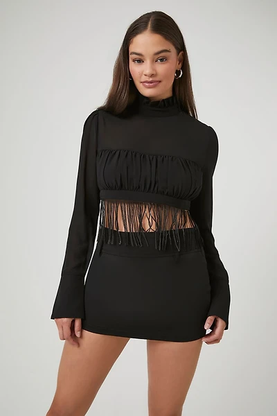 Fringe Mock Neck Crop Top