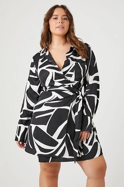 Plus Size Abstract Print Mini Wrap Dress