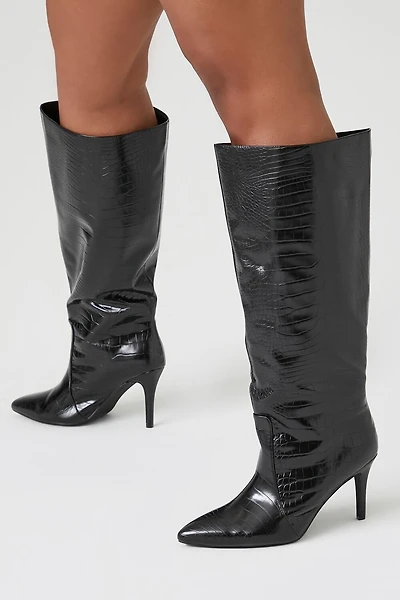 Pointed Faux Croc Stiletto Boots (Wide)