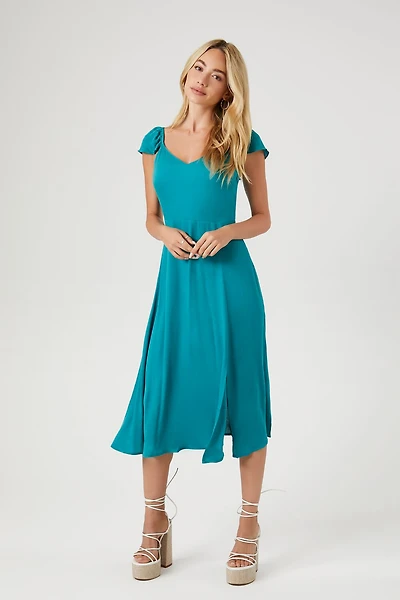 Sheer Flounce-Sleeve Midi Dress