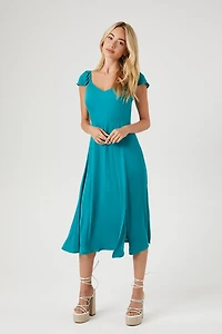 Sheer Flounce-Sleeve Midi Dress