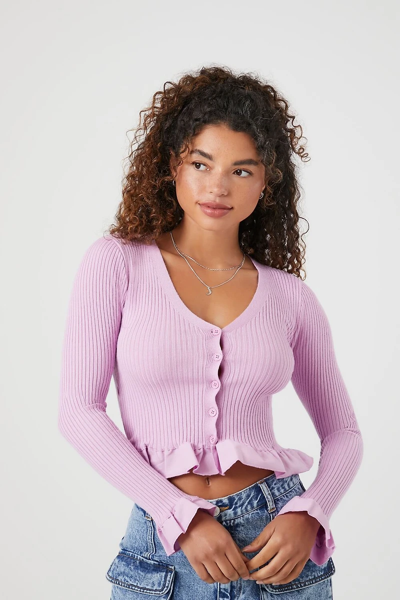 Ruffle-Trim Cropped Cardigan Sweater