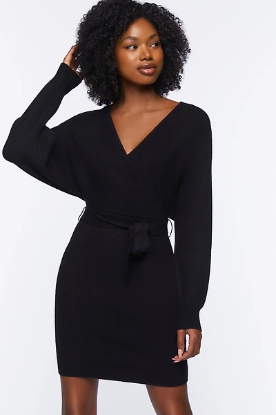 Surplice Long-Sleeve Sweater Dress