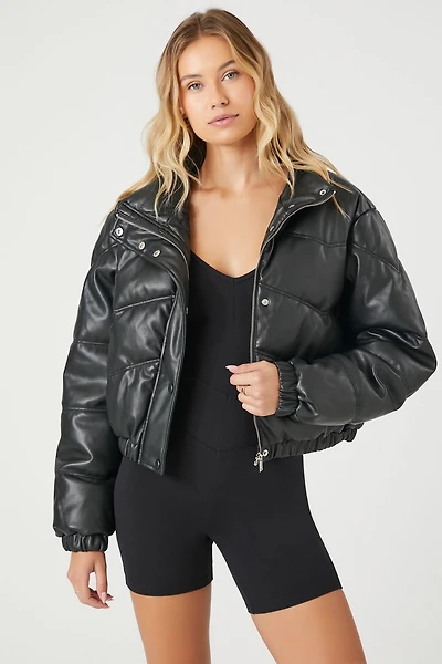 Cropped Faux Leather Puffer Jacket