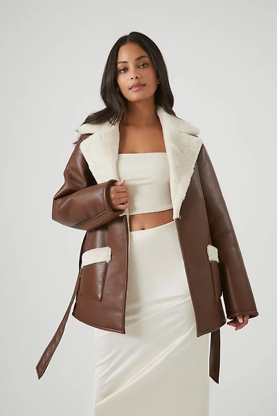 Faux Leather Notched Belted Coat