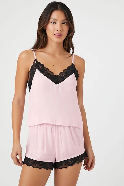 Satin Lace-Trim Cami & Shorts Pajama Set