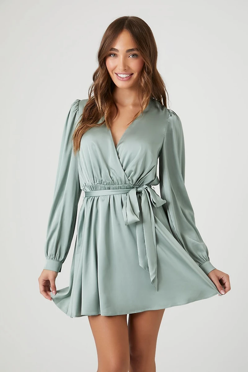 Satin Mock Wrap Mini Dress