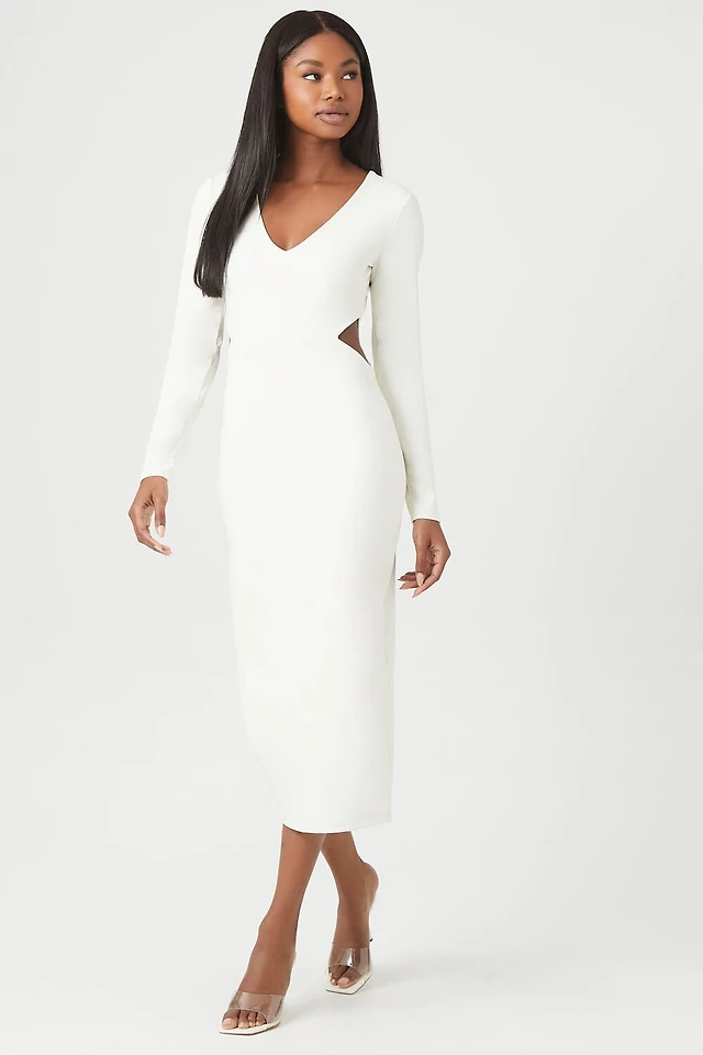 white midi dress with long sleeves Azariah Long Sleeve Knit Midi Dress / Ivory | MESHKI
