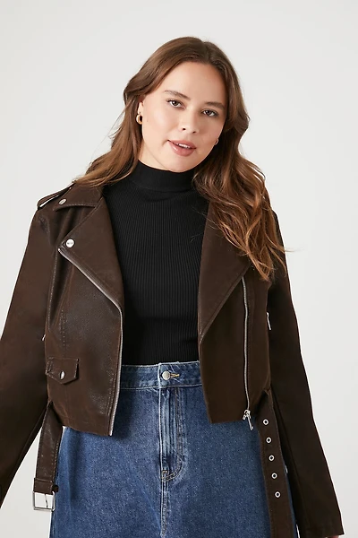 Plus Size Faux Leather Cropped Moto Jacket