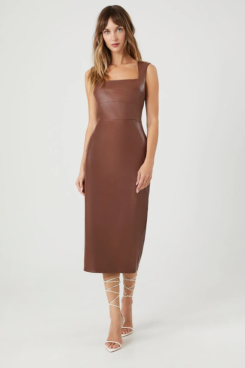 Faux Leather Sleeveless Midi Dress