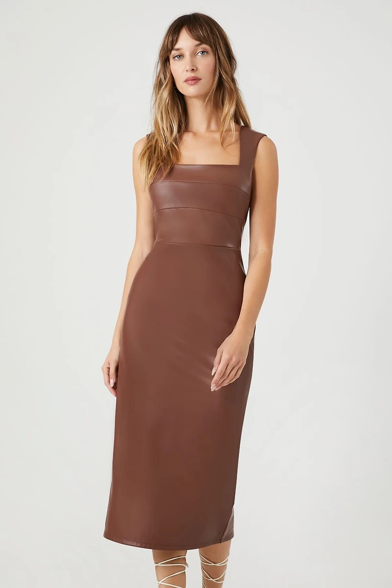 Faux Leather Sleeveless Midi Dress