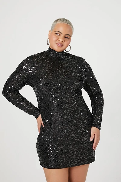 Plus Size Sequin Long-Sleeve Mini Dress