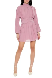 Chiffon Peasant-Sleeve Mini Dress