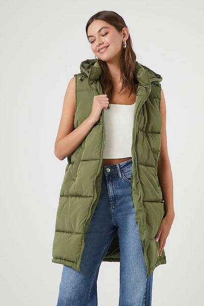 Longline Hooded Quilted Puffer Vest