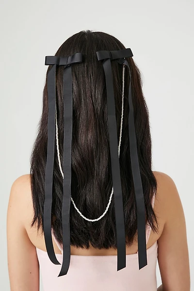Beaded Bow & Chain Hair Clip Set