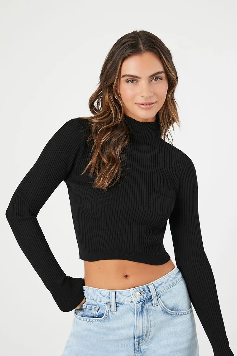 Mock Neck Sweater-Knit Crop Top