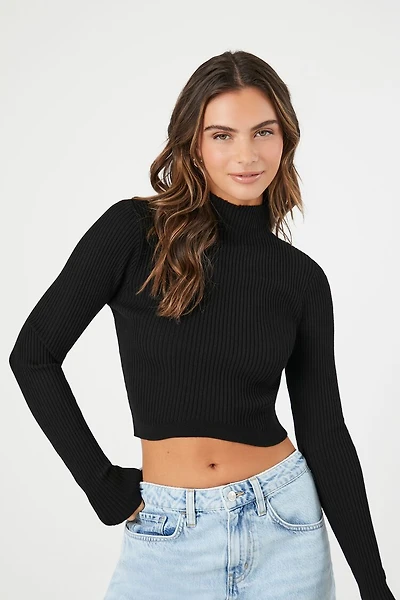 Mock Neck Sweater-Knit Crop Top
