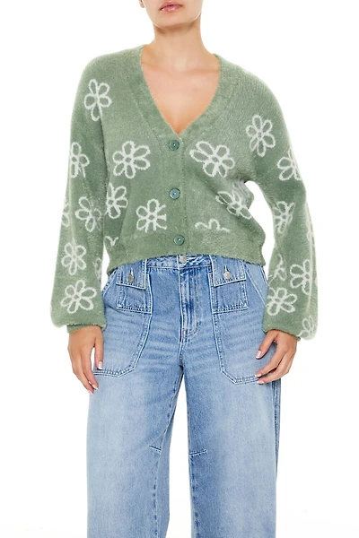 Floral Print Fuzzy Cardigan Sweater
