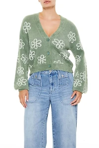 Floral Print Fuzzy Cardigan Sweater