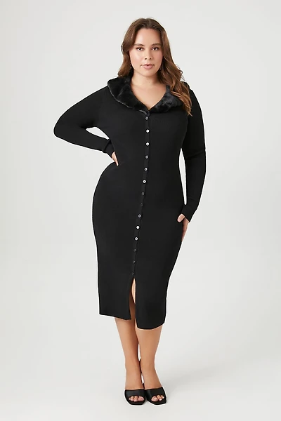 Plus Size Faux Fur-Trim Sweater Midi Dress