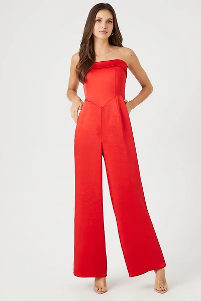 Satin Foldover Strapless Jumpsuit