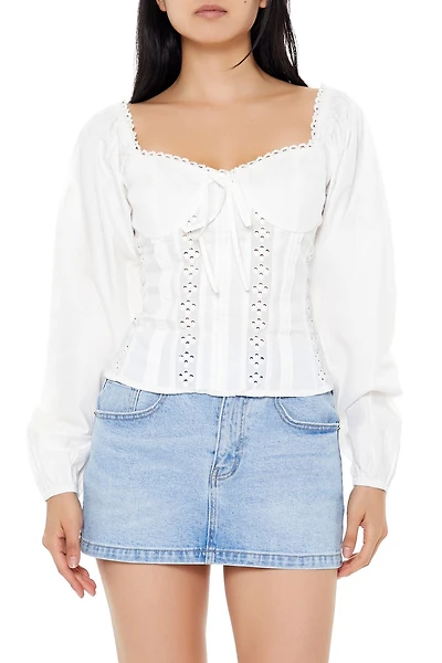 Poplin Eyelet Peasant-Sleeve Top