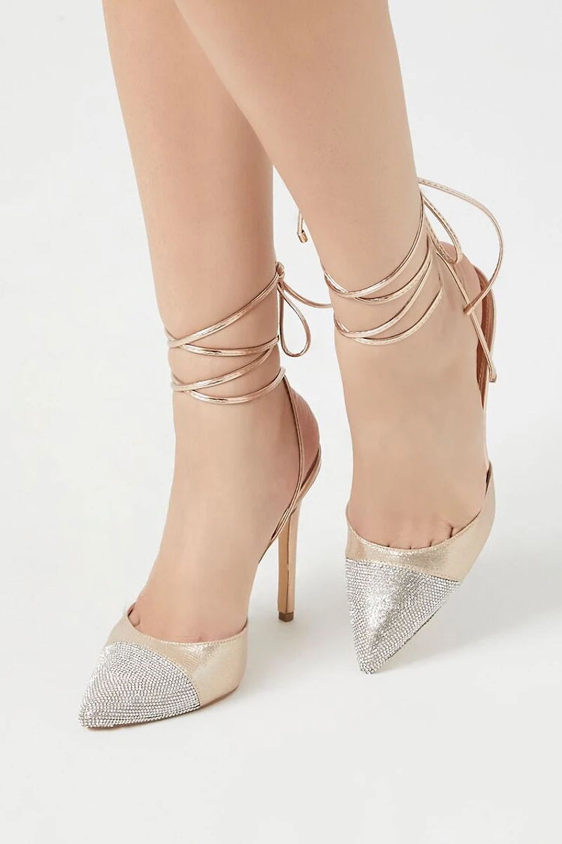 Pointed Rhinestone Lace-Up Heels