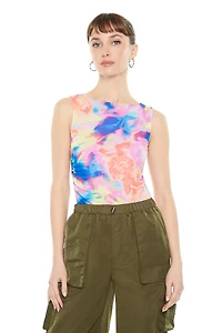 Ruched Tie-Dye Mesh Bodysuit