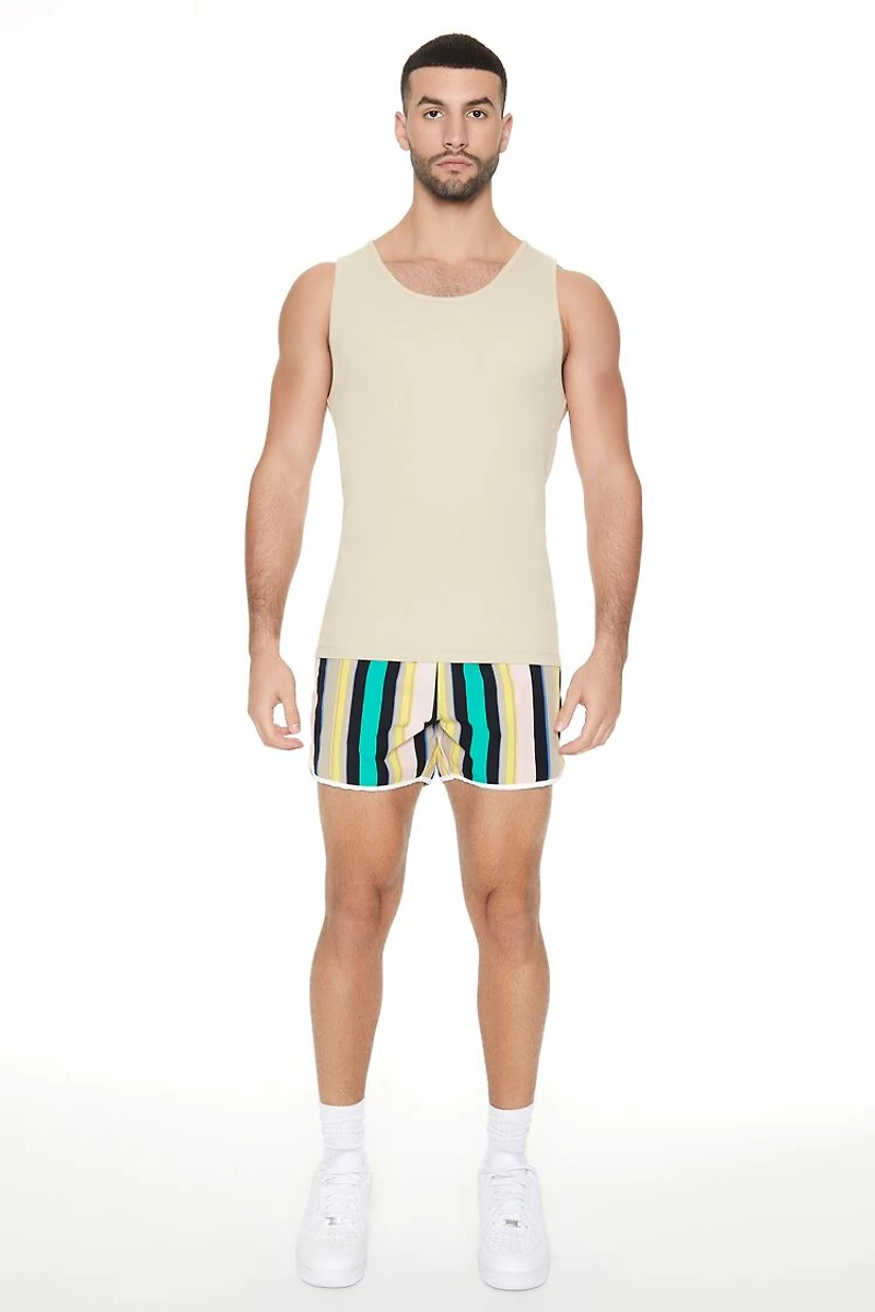 Striped Drawstring Short Inseam Swim Trunks