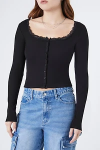 Ribbed Lace-Trim Henley Top