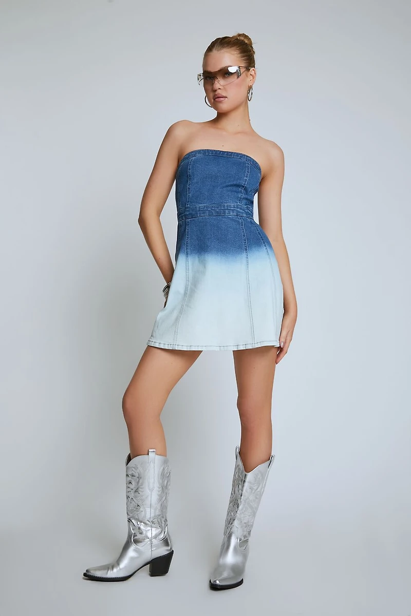 Strapless Dip-Dye Denim Mini Dress