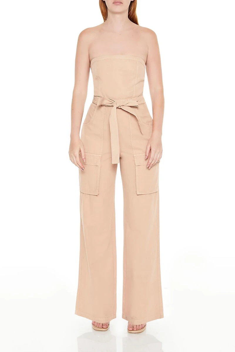 Strapless Tie-Front Cargo Jumpsuit