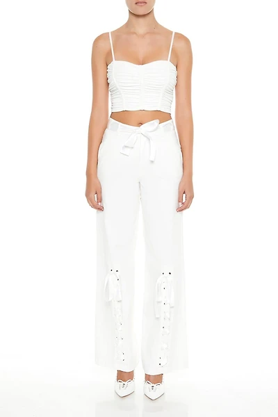 Satin Lace-Up Wide-Leg Pants