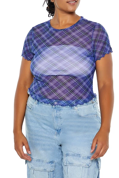 Plus Size Plaid Sheer Mesh Top