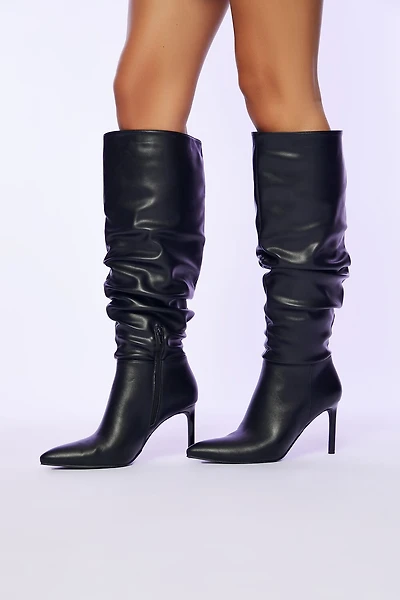 Ruched Faux Leather Stiletto Boots
