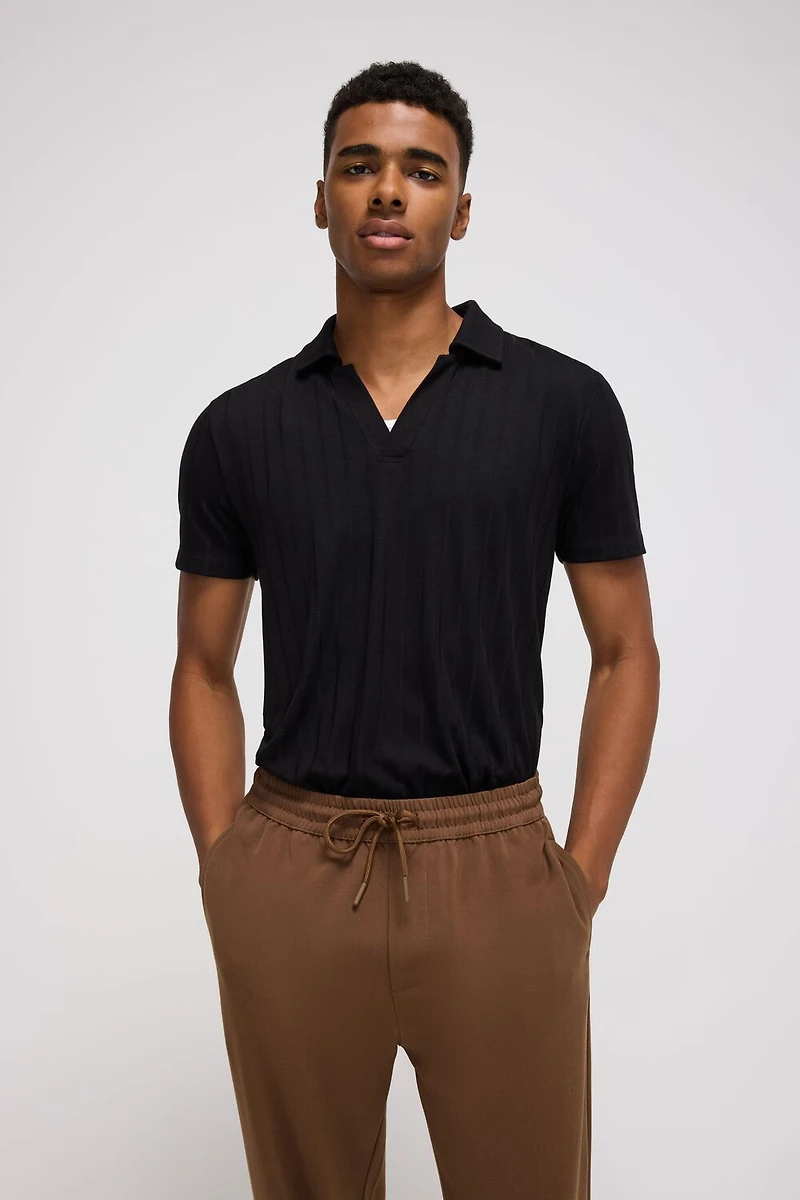 Ribbed Open V-Neck Polo Shirt