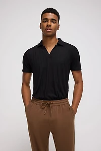 Ribbed Open V-Neck Polo Shirt