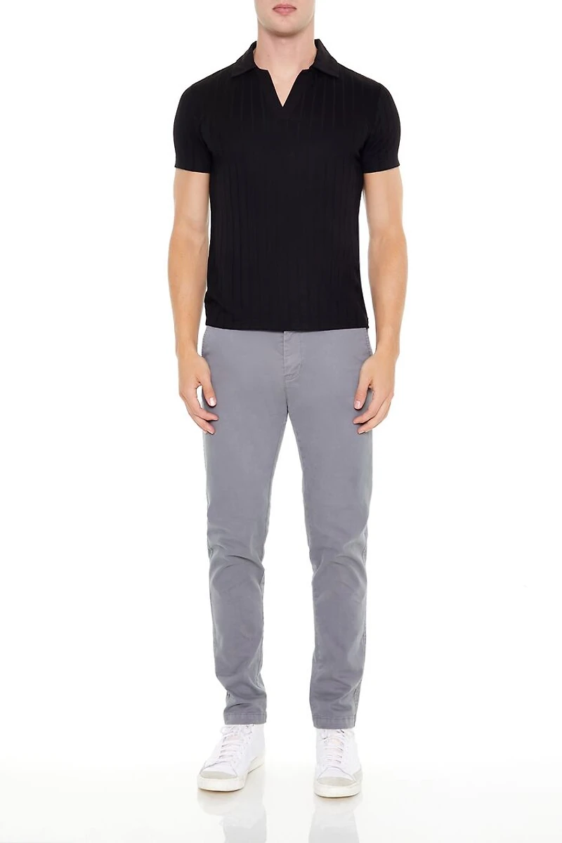 Ribbed Open V-Neck Polo Shirt